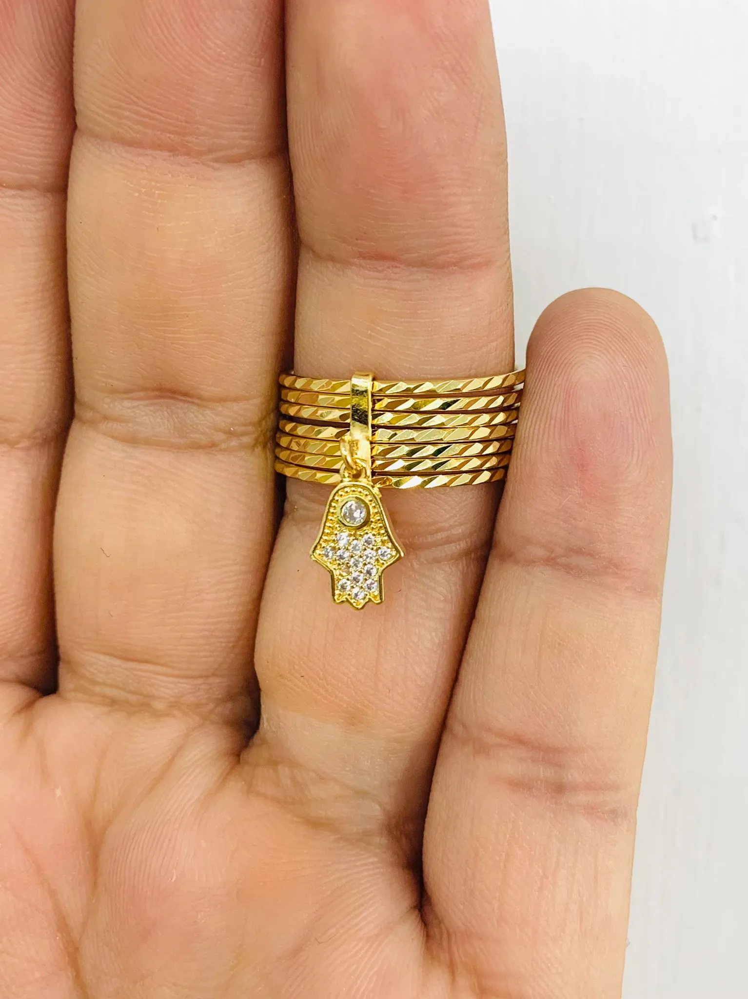 14K Gold Filled Ring Semanario Hamsa Hand for Womens Good Luck Jewelry/ Weekly Ring Hamsa Hand CZ Stones / Anillo Semanario Hamsa para Mujer