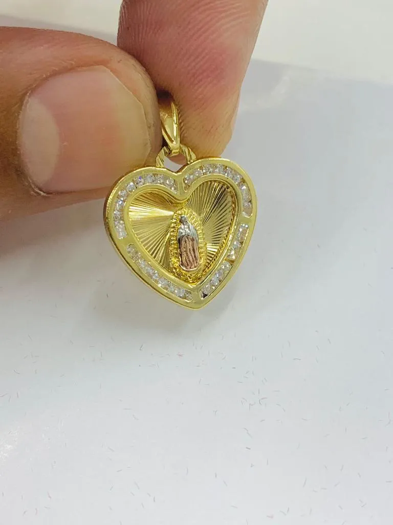 14K Gold Filled Virgen de Guadalupe Pendant Heart Charm CZ 19x18 Dije de Guadalupe