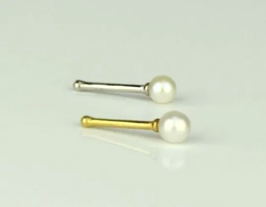 14K Yellow or White Gold Pearl Nose Bone Piercing, Genuine Pearl Nose Studs Ring / Gold Nose Piercing Pearl / Aretes para La Nariz en Oro Real con Perla