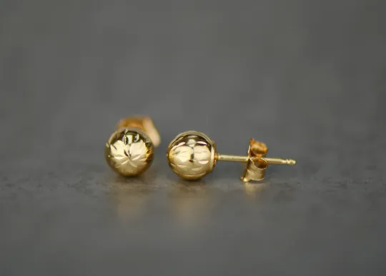 14k Yellow Real Gold Diamond Cut Ball Stud Earrings Push Back for Womens Kids Mens / Aretes de Bolitas Oro Solido