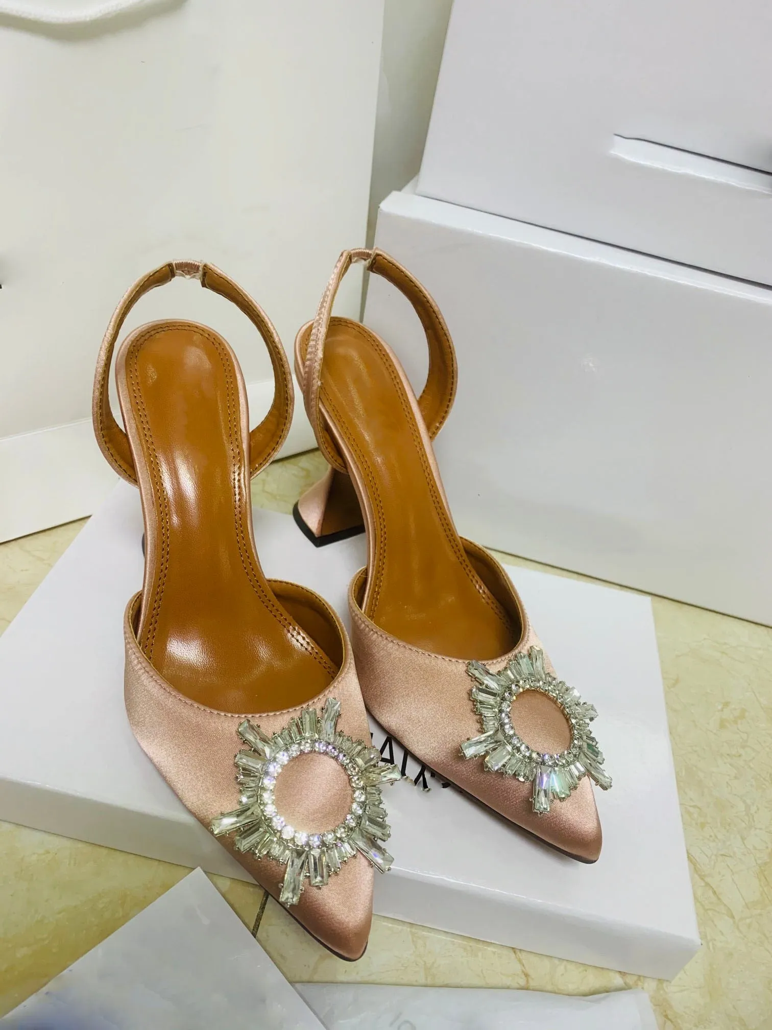 Amozae- New Fairy Style Sandals Sunflower Rhinestone Buckle High Heels Pointed Toe Wine Glass Heel Satin Hollow Women's Shoes