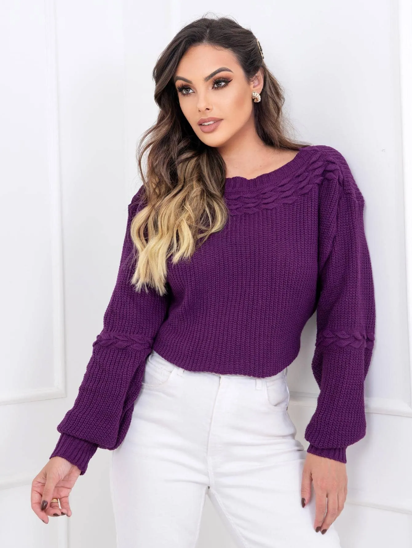 Blusa De Frio Feminina Tricot Tranças Manga Bufante - Julia