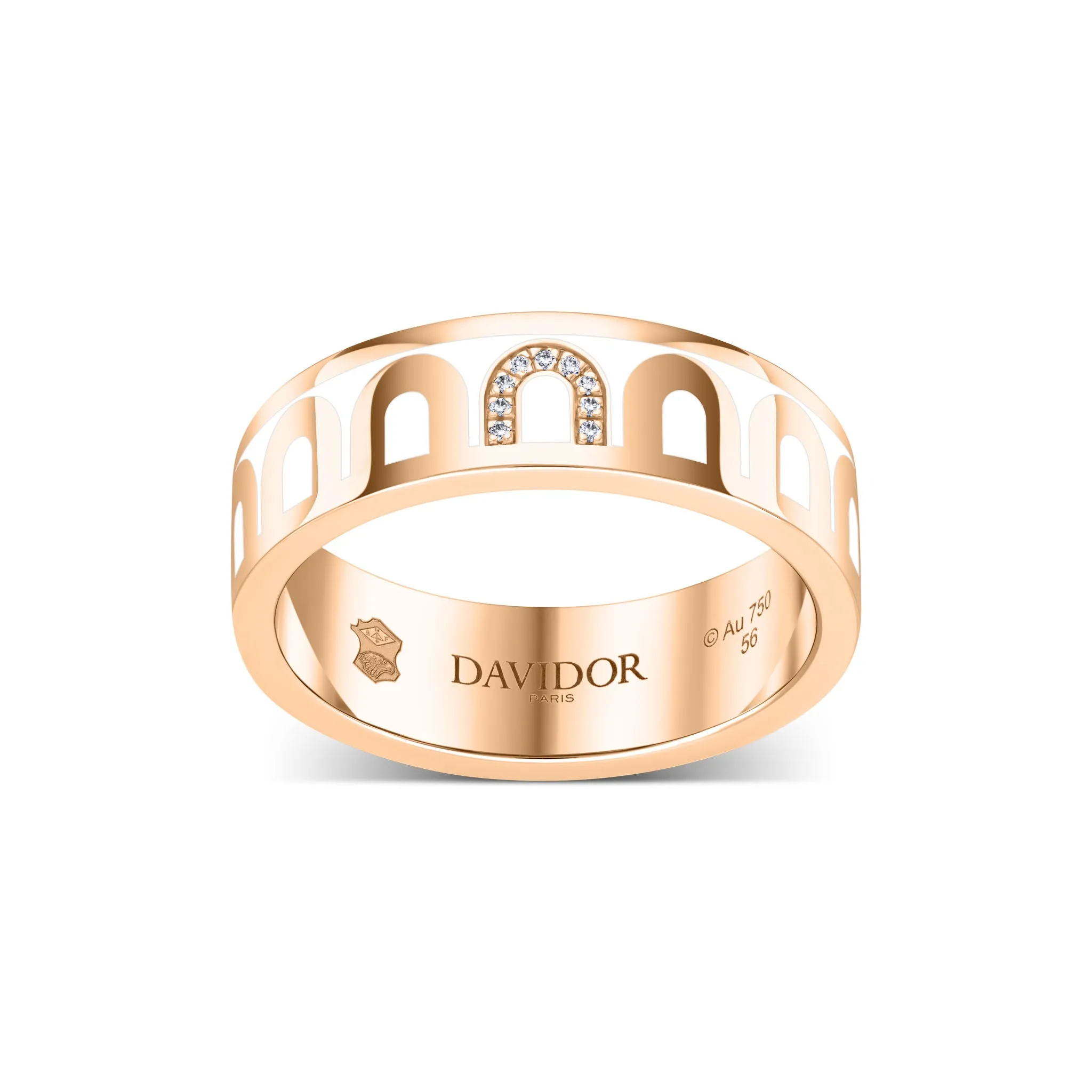 L’Arc de DAVIDOR Ring MM, 18k Rose Gold with Neige Lacquered Ceramic and Porta Simple Diamonds