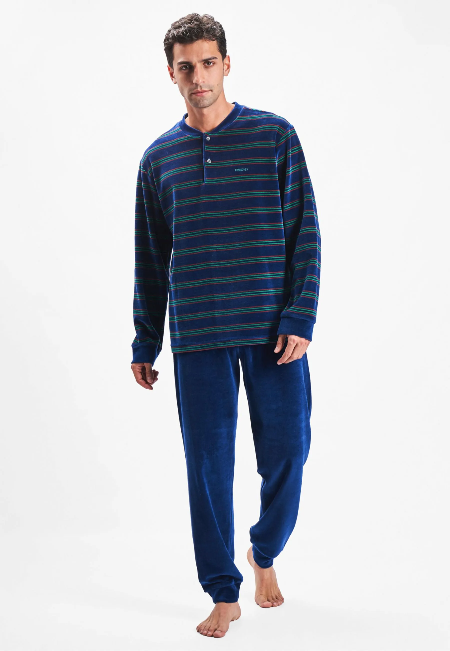 PRODIGY Pijama Hombre Invierno Largo Terciopelo Rayas - Azul 574_34